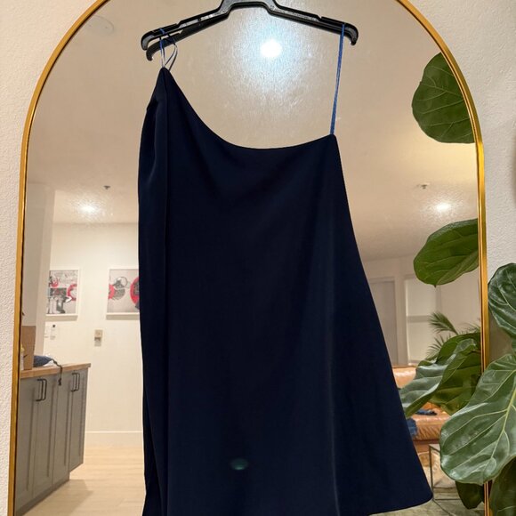 Mango Dark Blue One-Shoulder Cape Dress (Size Small) - Picture 5 of 6